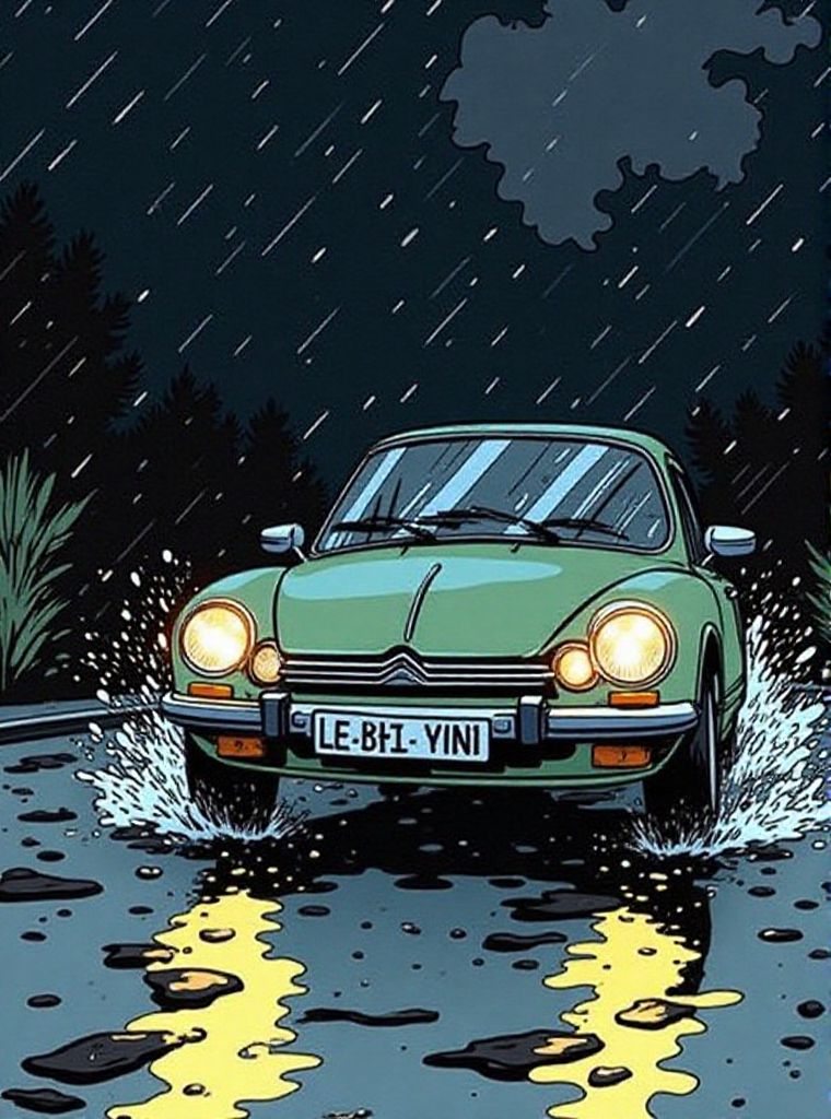 3031146070_comic drawing, a citroen driving in the dark, rain, front lights beam on the street.__lora_flux_turbo_alpha_1_ _ _lora_rickhoche.jpg